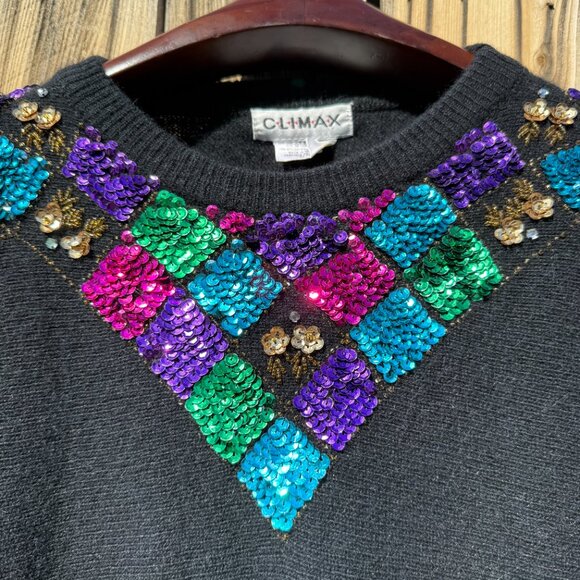 Vintage 80s Climax Black Lambswool Angora Bright Sequin Sweater | Size M/L - Picture 8 of 15